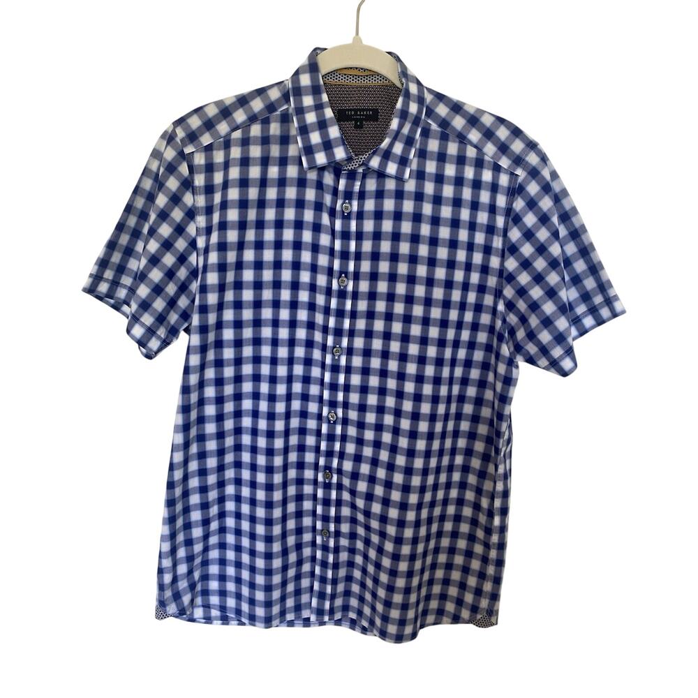 TED BAKER London Mens Plaid Button Up Short Sleeve Shirt 4 Blue Normcore Preppy‎